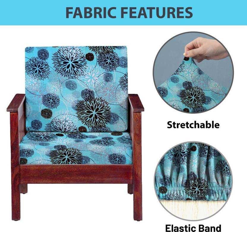 HOTKEI Sky Blue Floral Print Polyester Blend Wooden Sofa Cushion Cover and Slip Protector