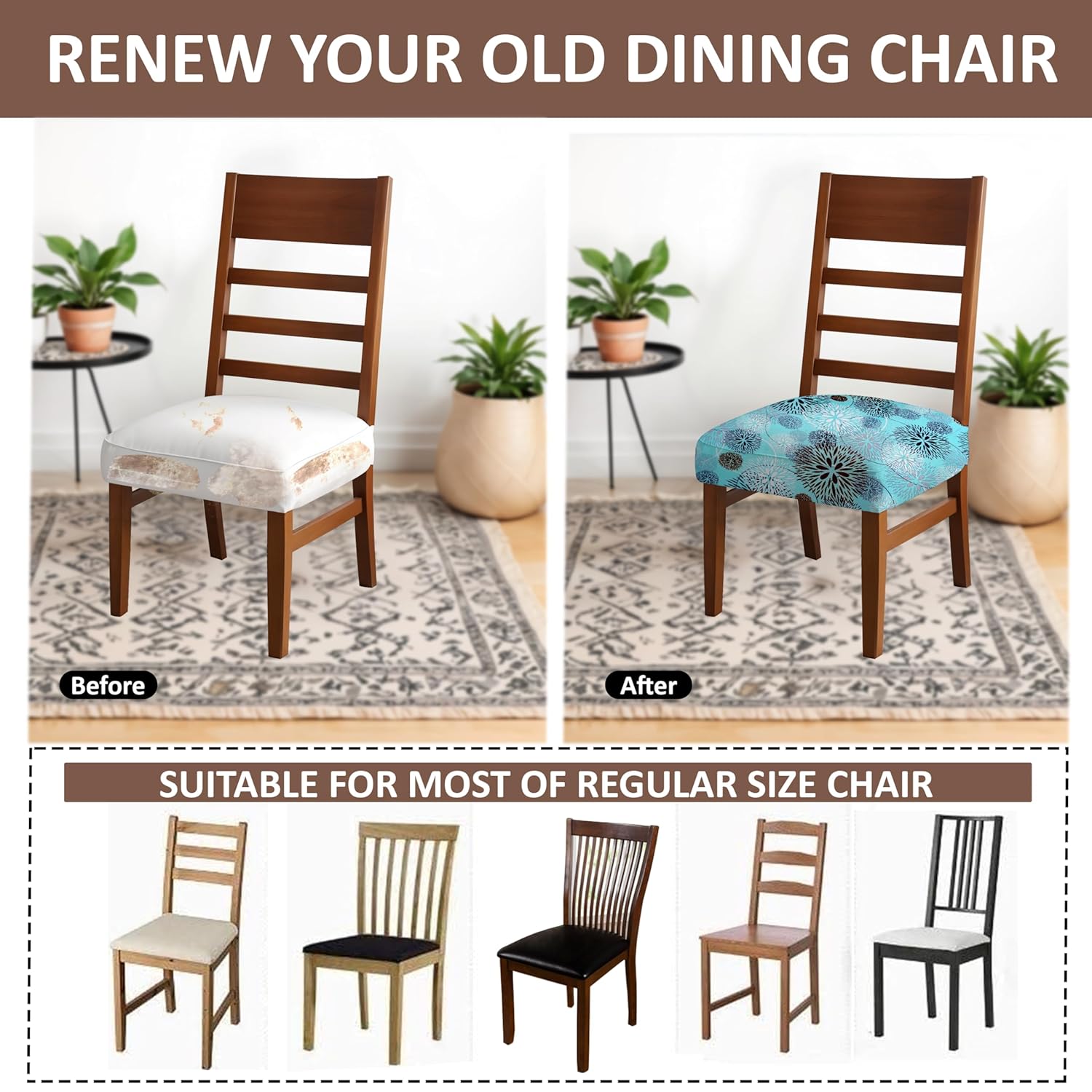 HOTKEI Blue Floral Print Dining Chair Seat Cover Stretchable Cushion Protector and Slipcover for Dining Chair