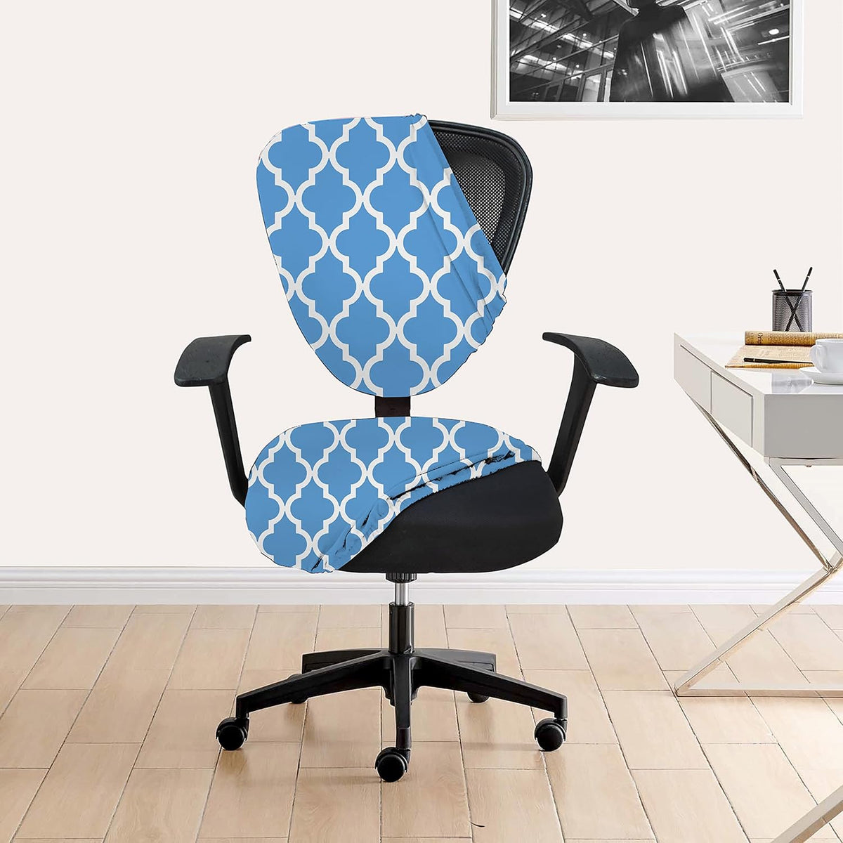 HOTKEI Blue and White Indigo Printed Office Executive Chair Cover and Chair Cushion Protector