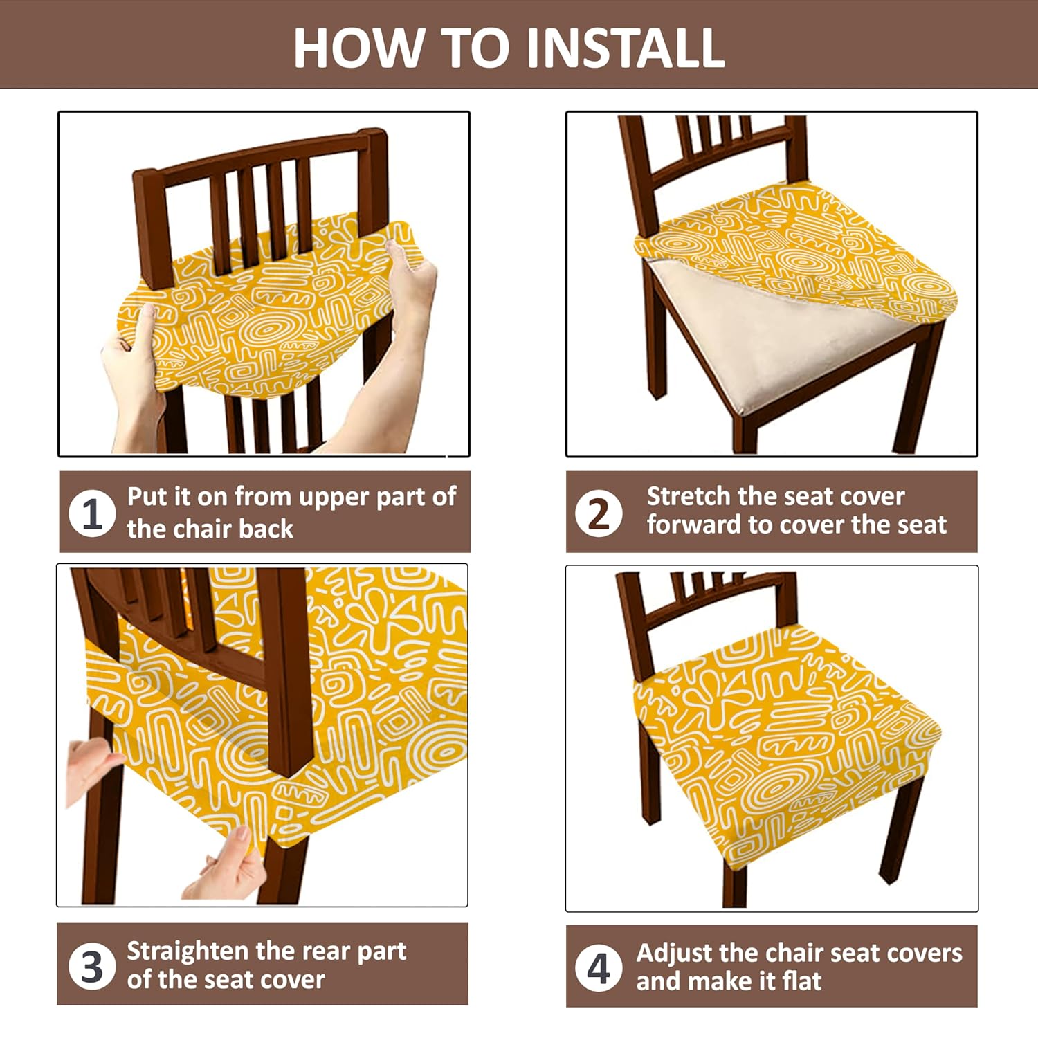 HOTKEI Yellow Abstract Printed Dining Chair Seat Cover and Cushion Protector for Dining Chair Cover