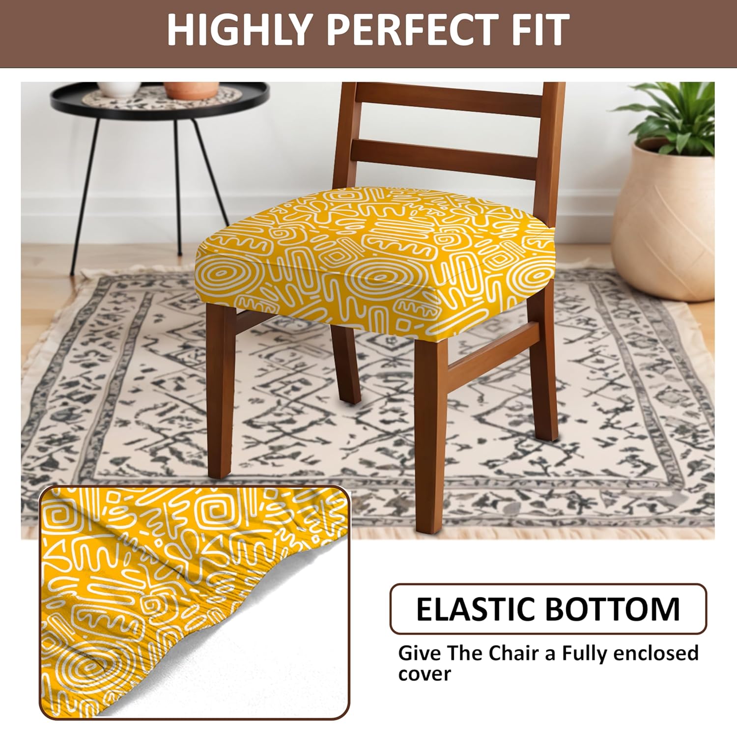 HOTKEI Yellow Abstract Printed Dining Chair Seat Cover and Cushion Protector for Dining Chair Cover