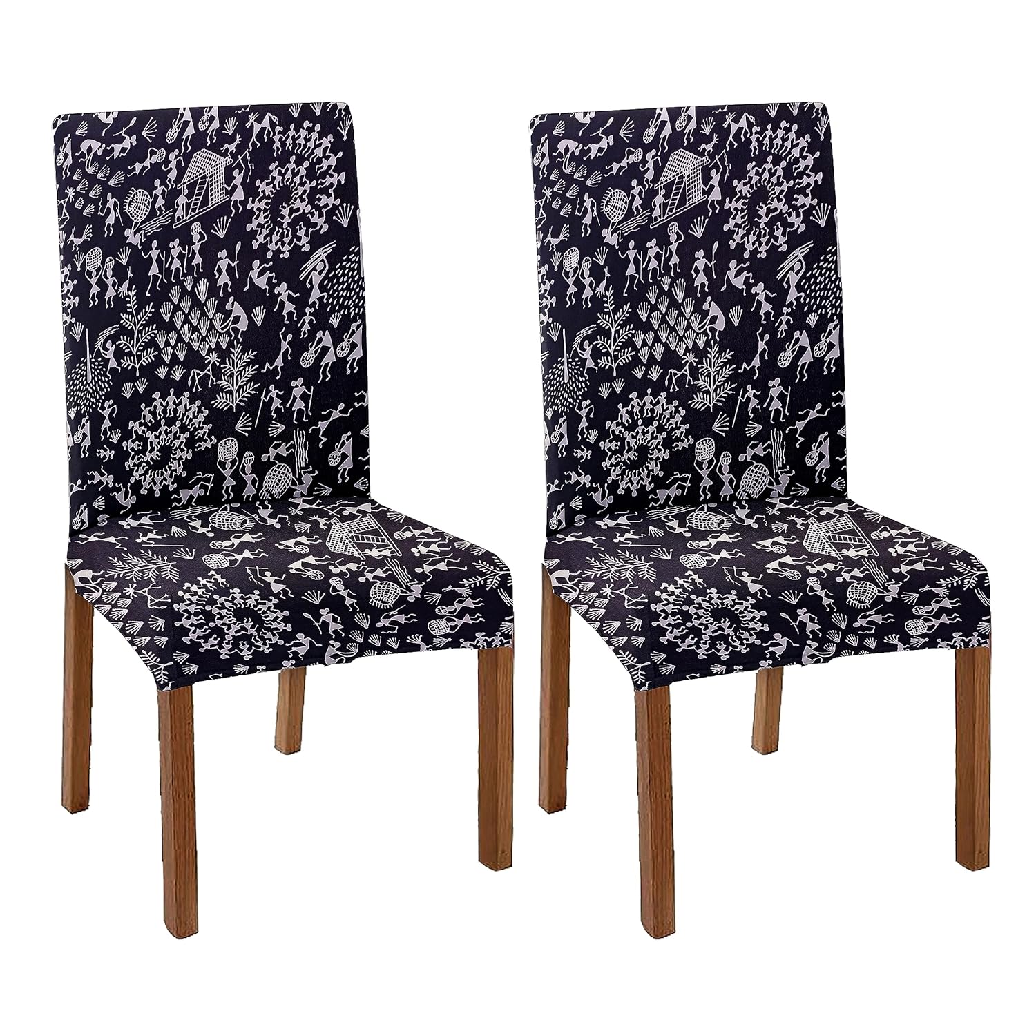 LAZI Black Warli Print Dining Chair Covers, Stretchable Slipcover and Seat Protector