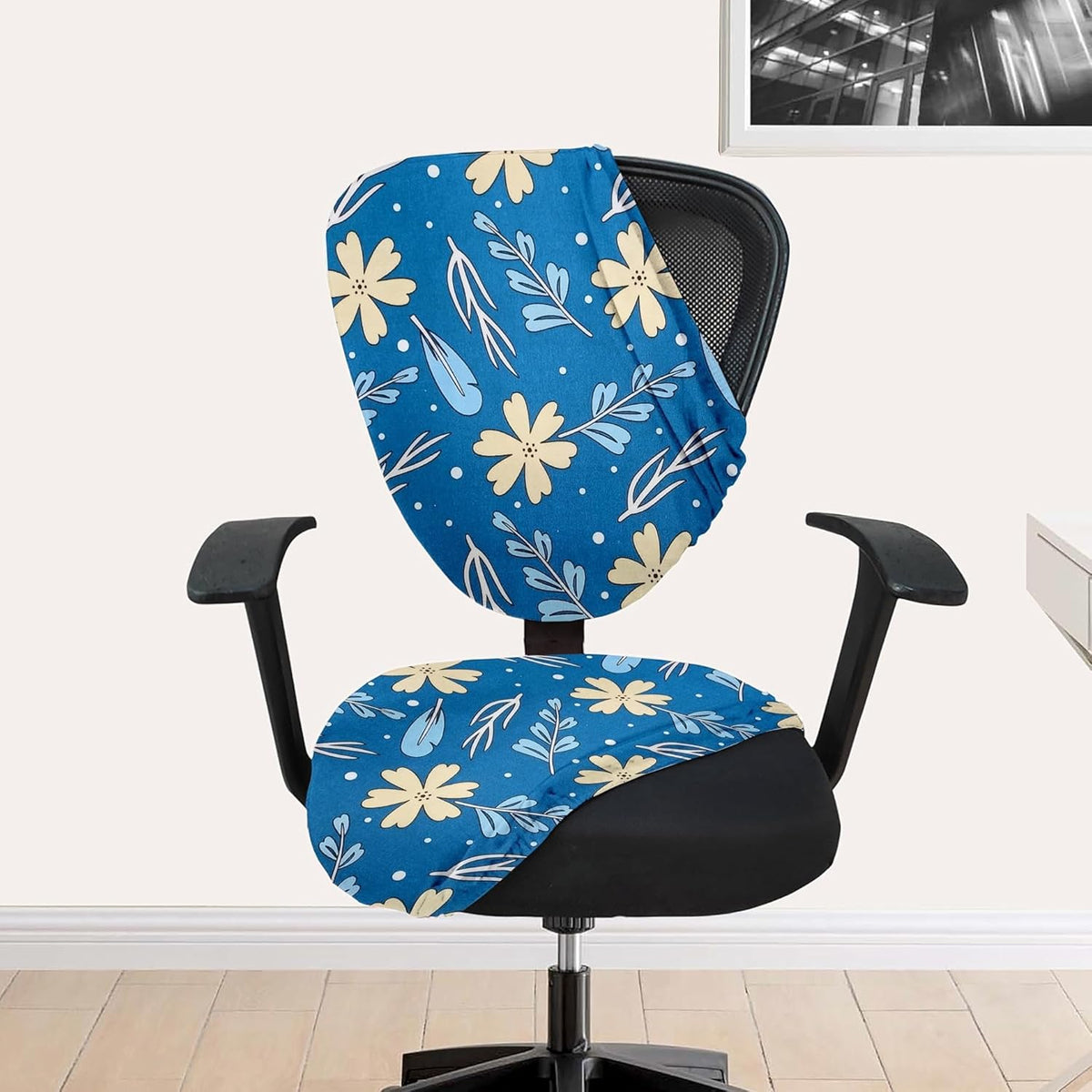 LAZI Blue Floral Print Chair Cover for Office Executive Desk Chair Cushion Cover and Slipcover