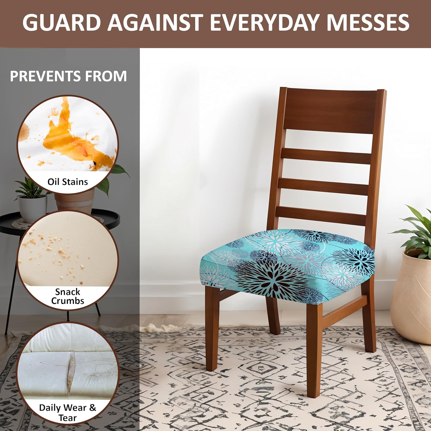 LAZI Blue Floral Print Stretchable Dining Chair Cover Cushion Protector and Slipcover