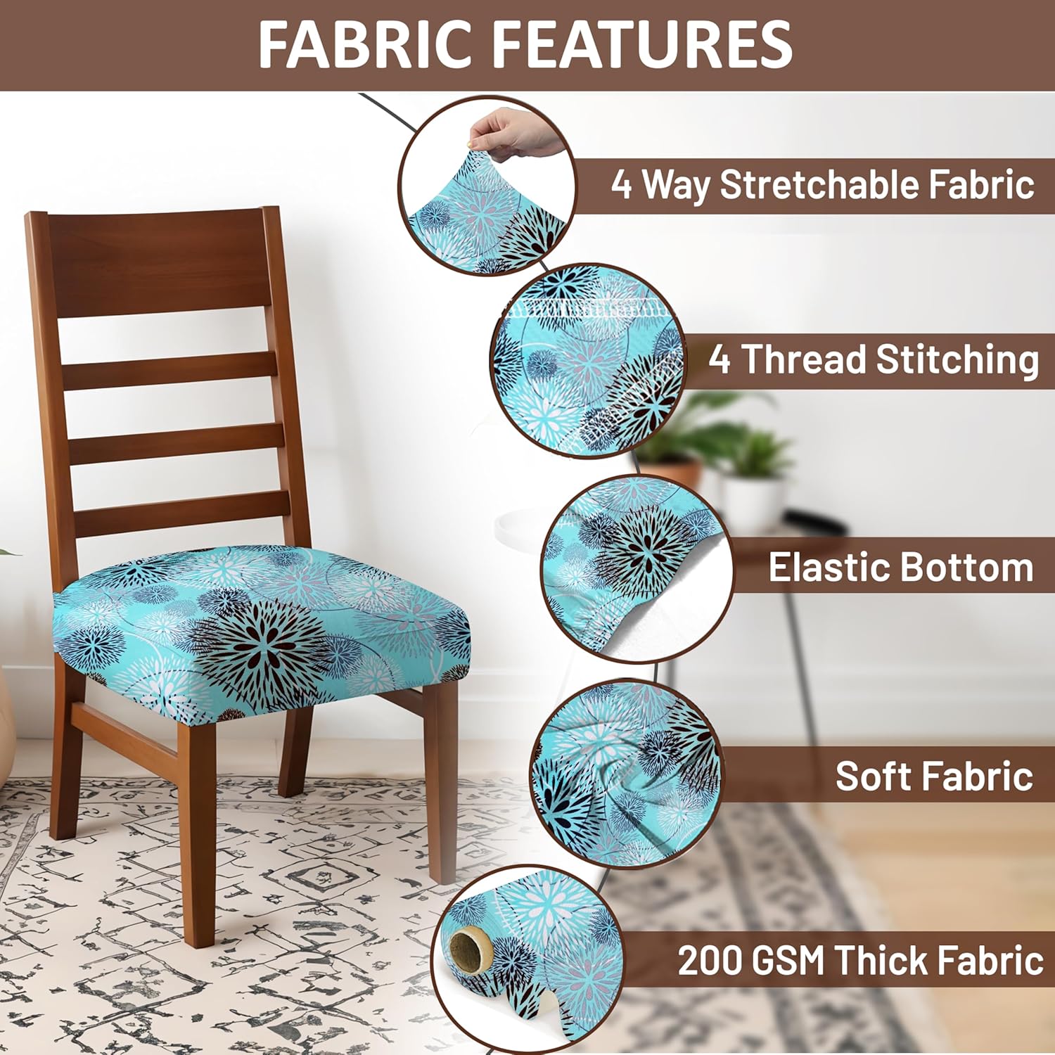 LAZI Blue Floral Print Stretchable Dining Chair Cover Cushion Protector and Slipcover