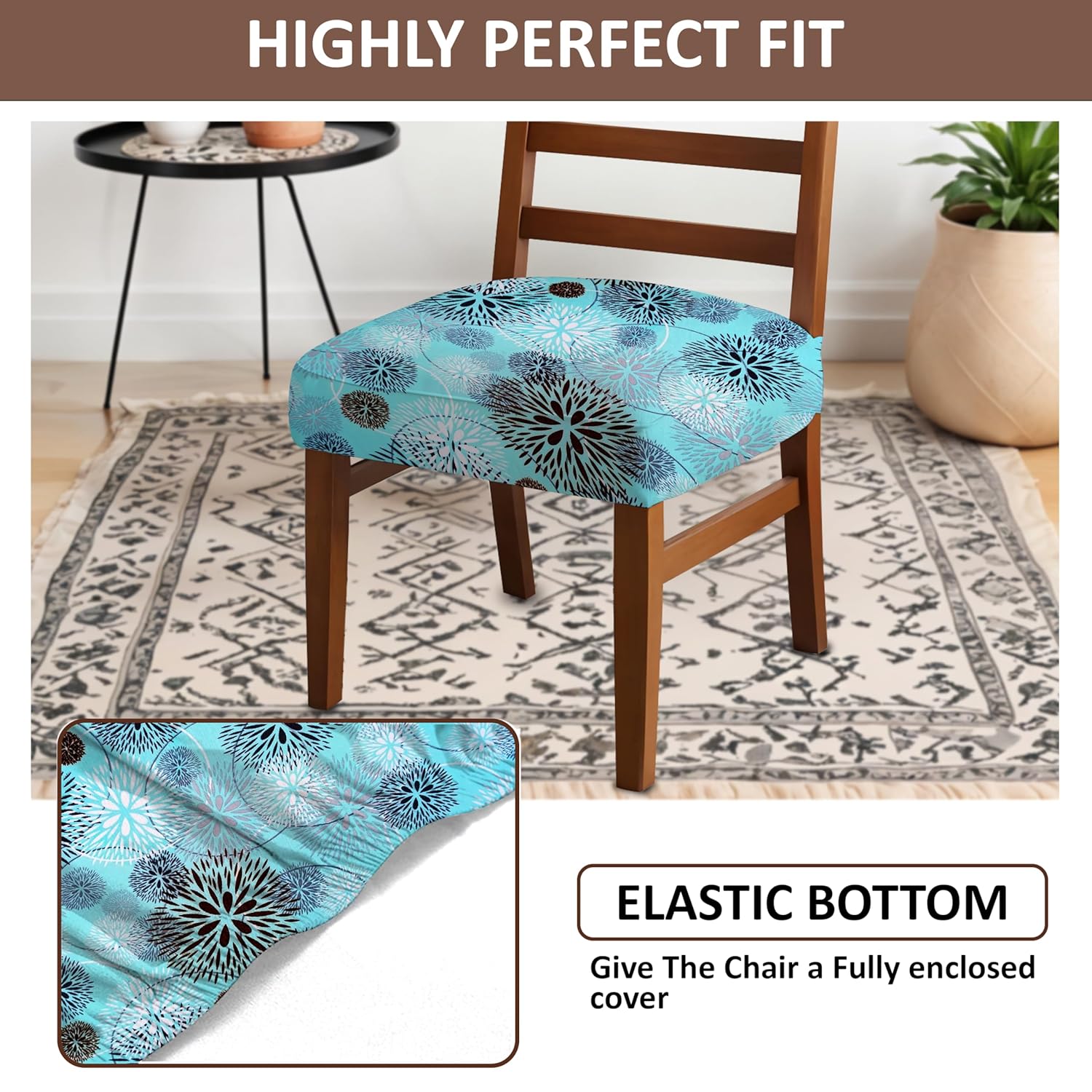 LAZI Blue Floral Print Stretchable Dining Chair Cover Cushion Protector and Slipcover