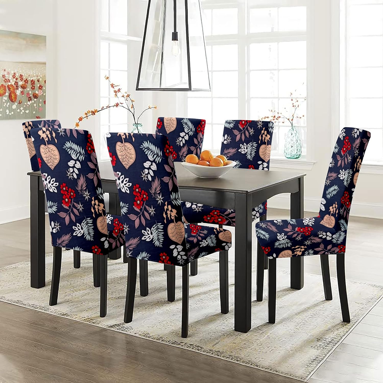 LAZI Blue Floral Printed Chair Covers Stretchable Slipcover for Seat Cushion Protection