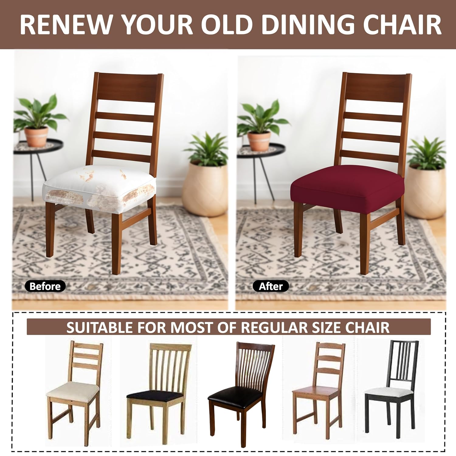LAZI Maroon Polyester Dining Chair Seat Cover Stretchable Cushion Protector