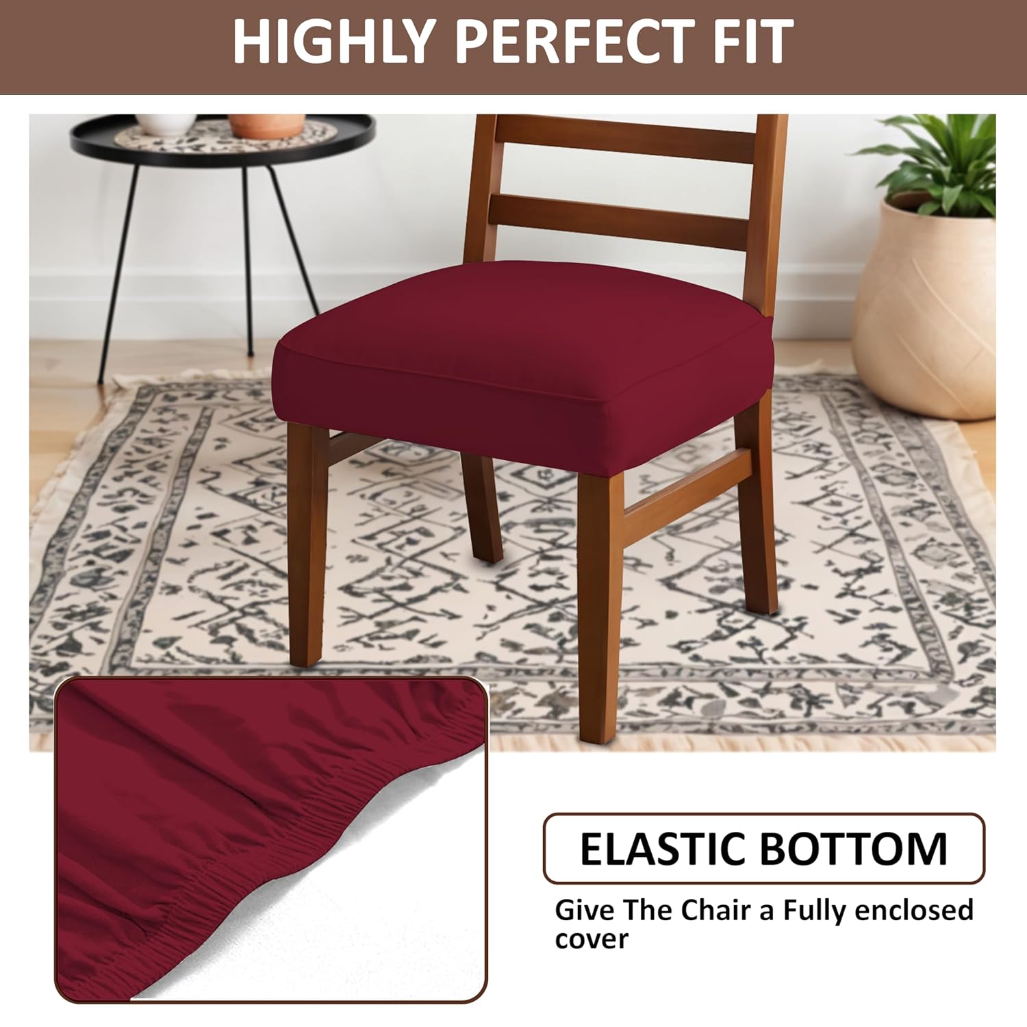 LAZI Maroon Polyester Dining Chair Seat Cover Stretchable Cushion Protector