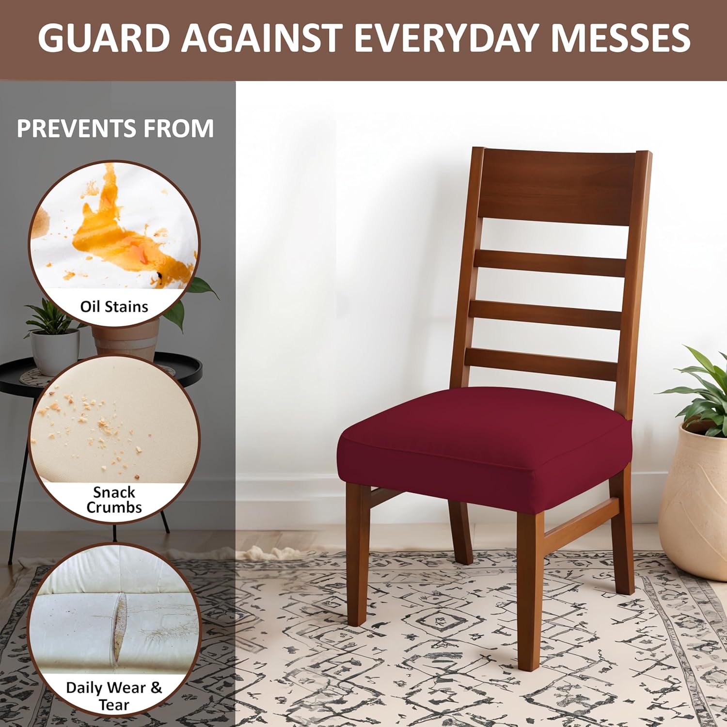 LAZI Maroon Polyester Dining Chair Seat Cover Stretchable Cushion Protector