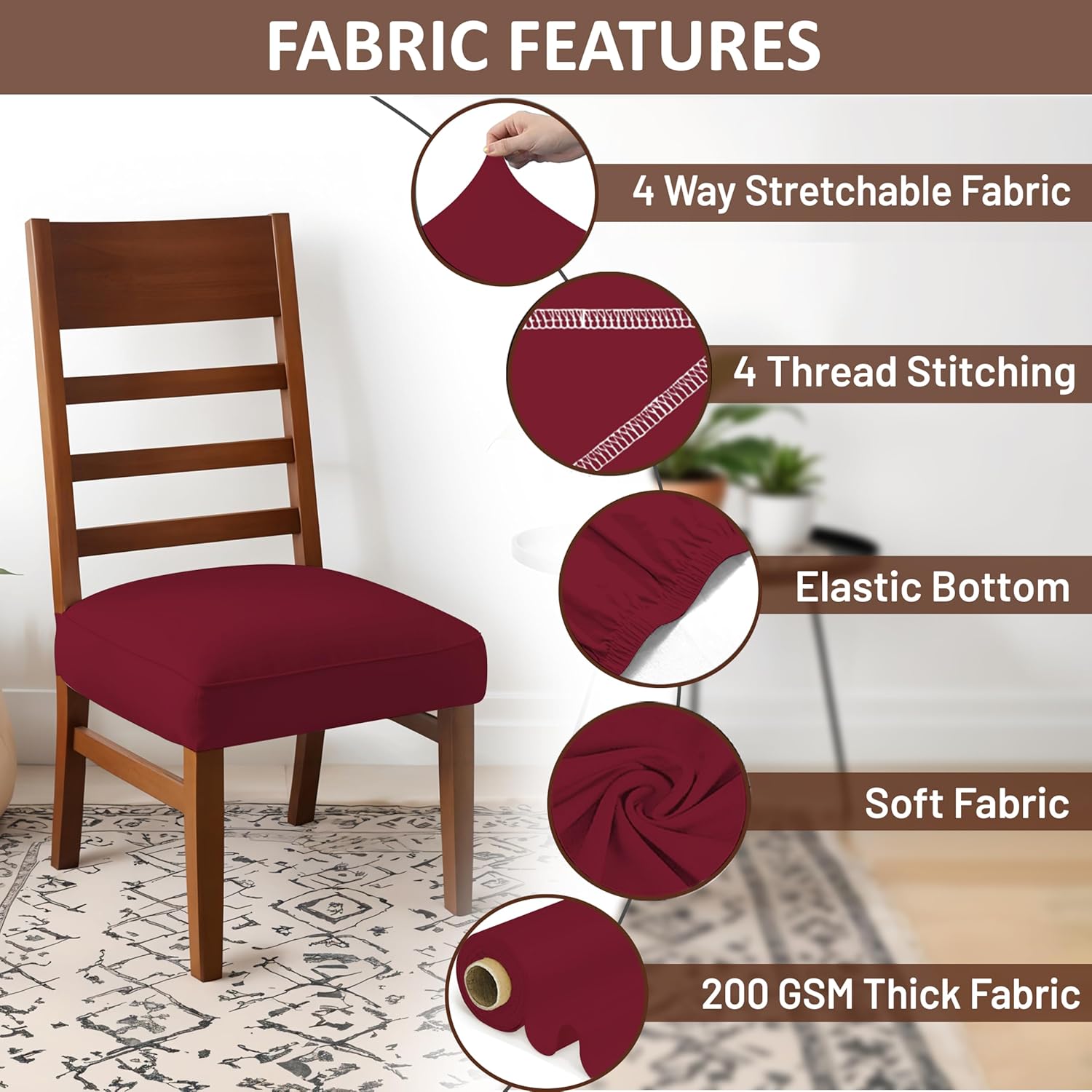 LAZI Maroon Polyester Dining Chair Seat Cover Stretchable Cushion Protector
