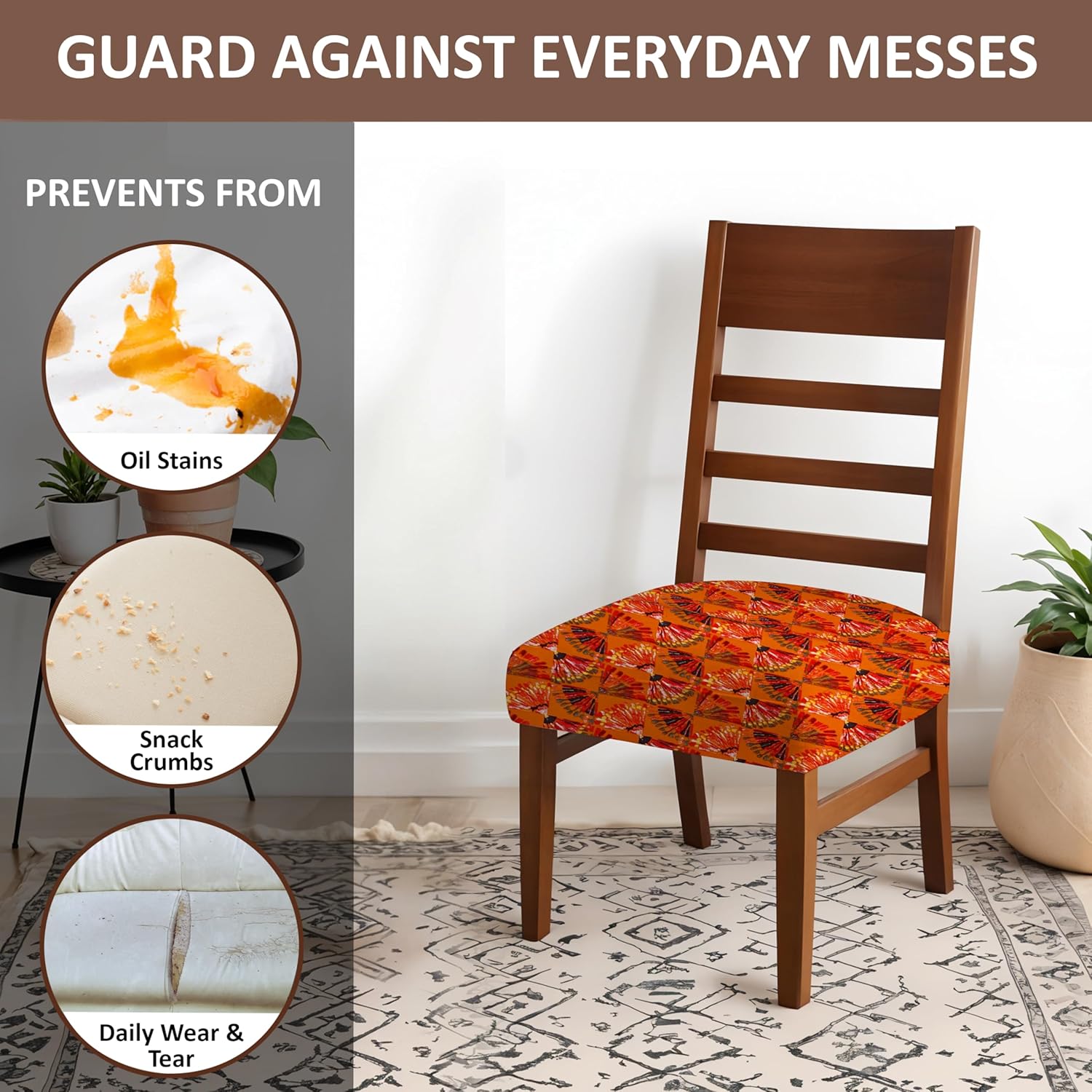 LAZI Orange Digital Print Dining Chair Seat Cover, Stretchable Cushion Protector