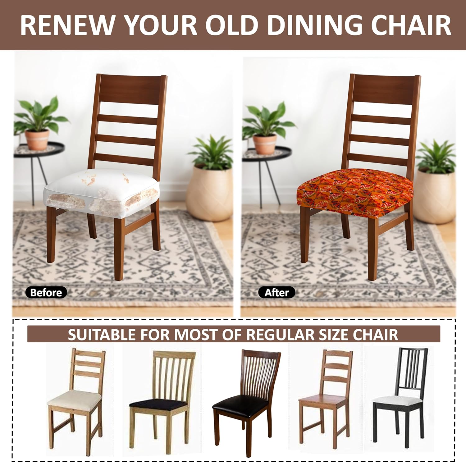 LAZI Orange Digital Print Dining Chair Seat Cover, Stretchable Cushion Protector