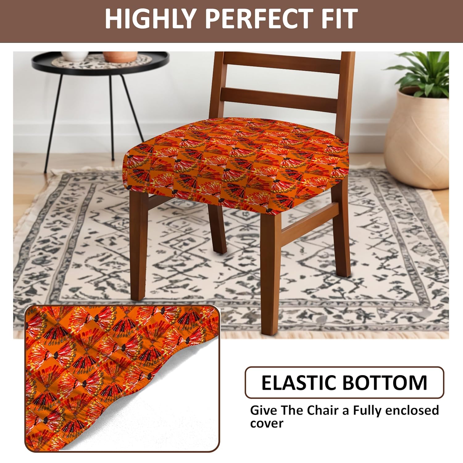 LAZI Orange Digital Print Dining Chair Seat Cover, Stretchable Cushion Protector