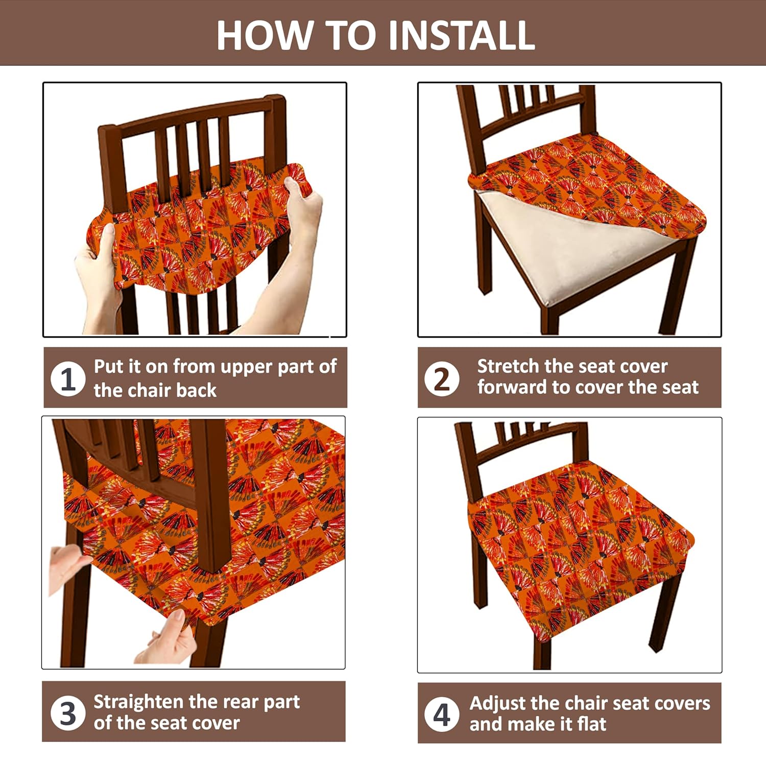 LAZI Orange Digital Print Dining Chair Seat Cover, Stretchable Cushion Protector