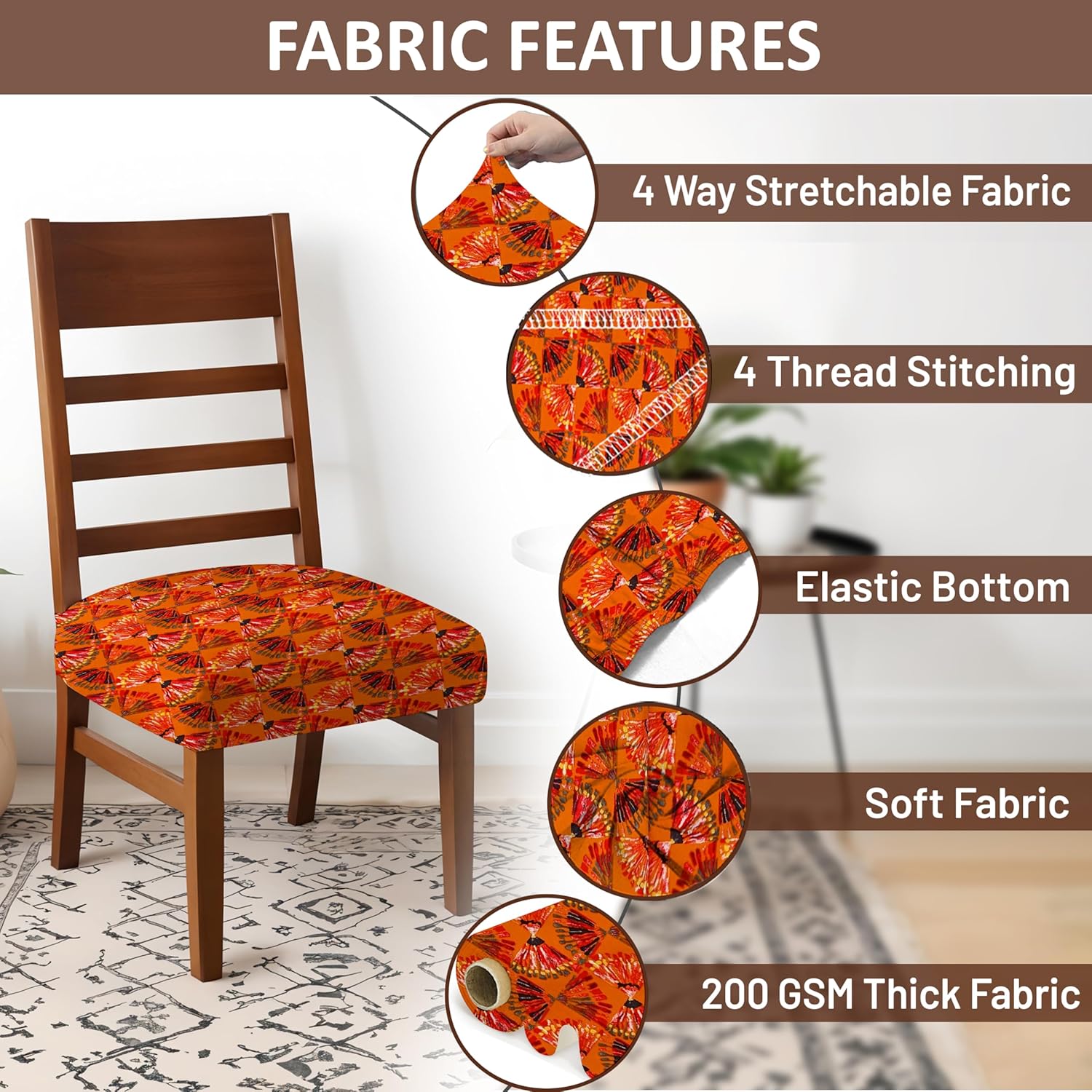 LAZI Orange Digital Print Dining Chair Seat Cover, Stretchable Cushion Protector