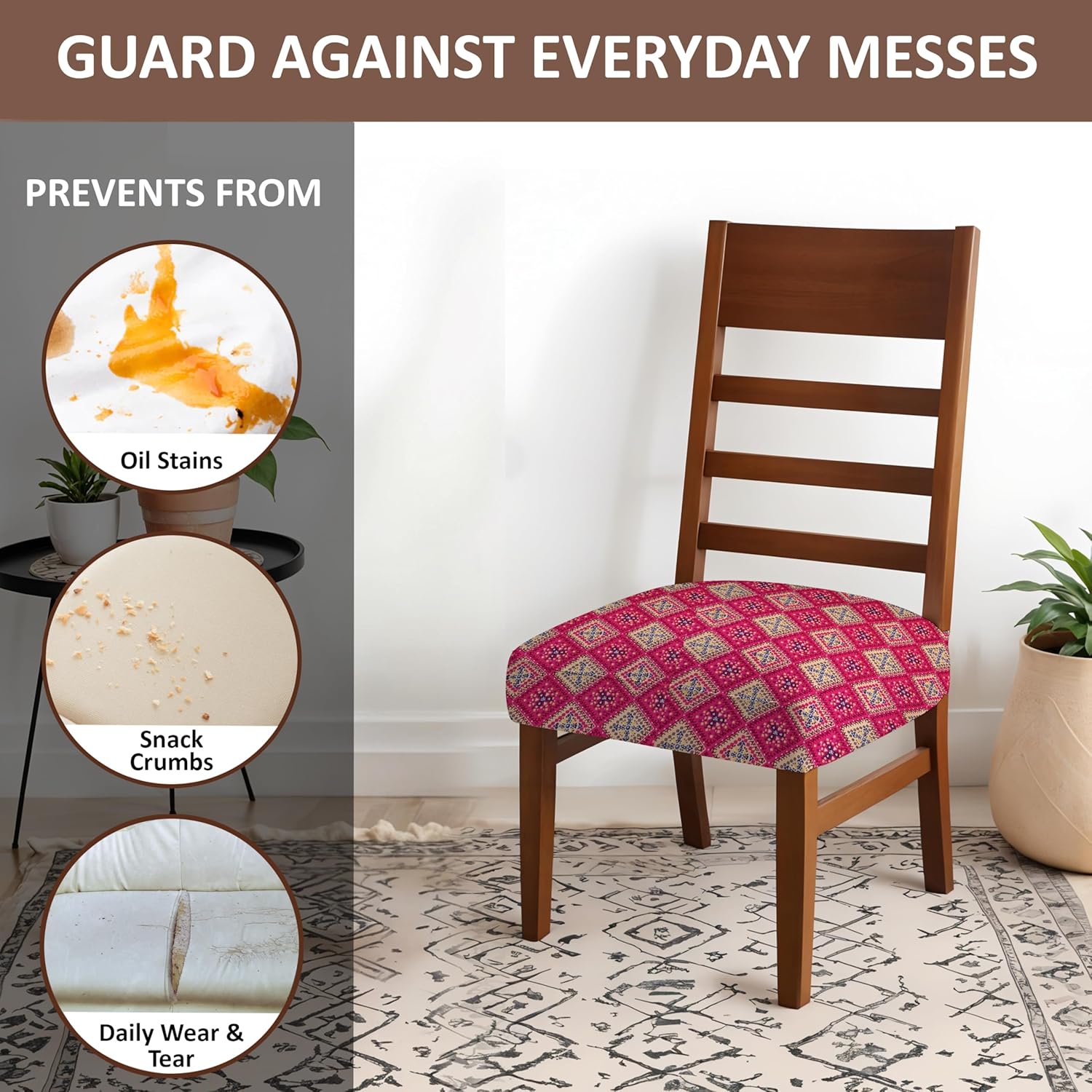 LAZI Pink Printed Dining Chair Seat Cover Stretchable Seat Protector and Dining Base Cover