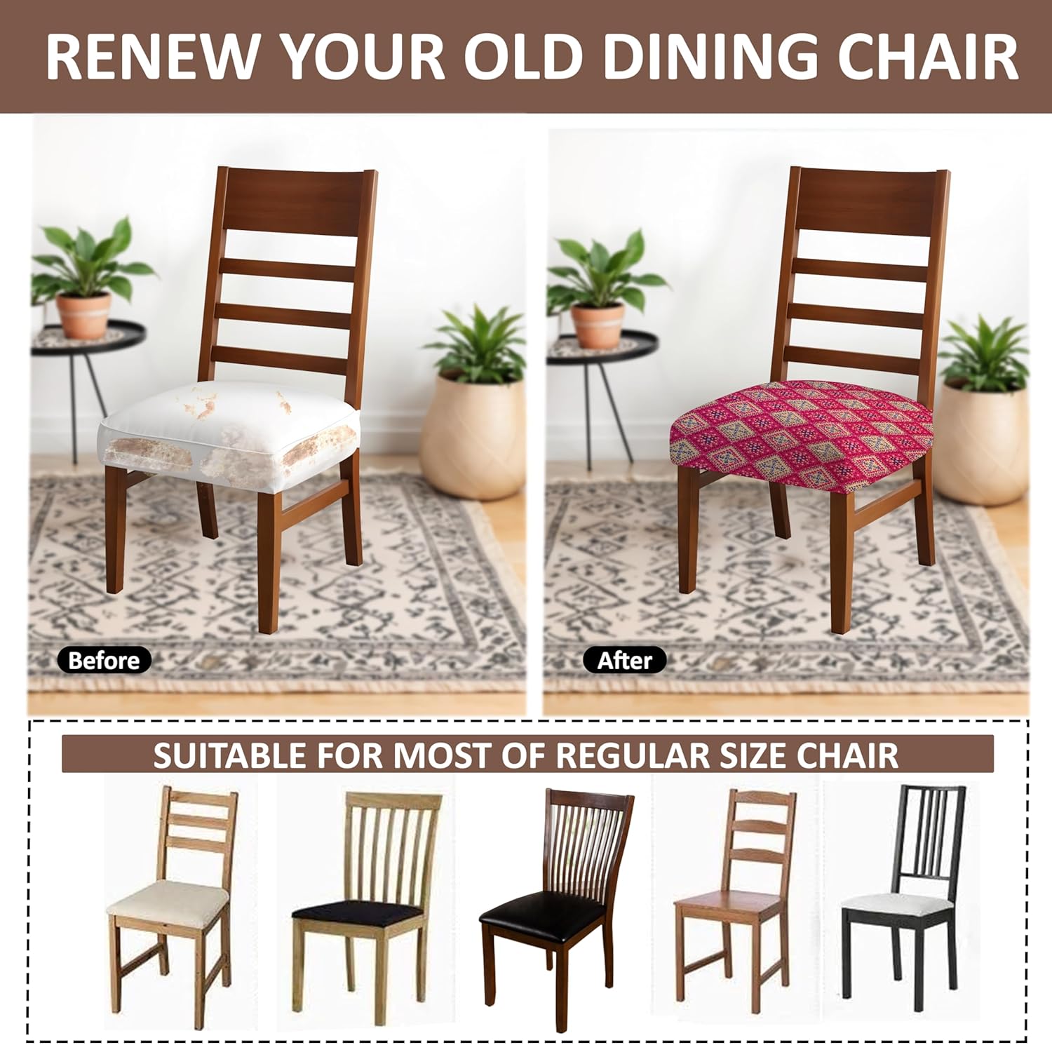 LAZI Pink Printed Dining Chair Seat Cover Stretchable Seat Protector and Dining Base Cover