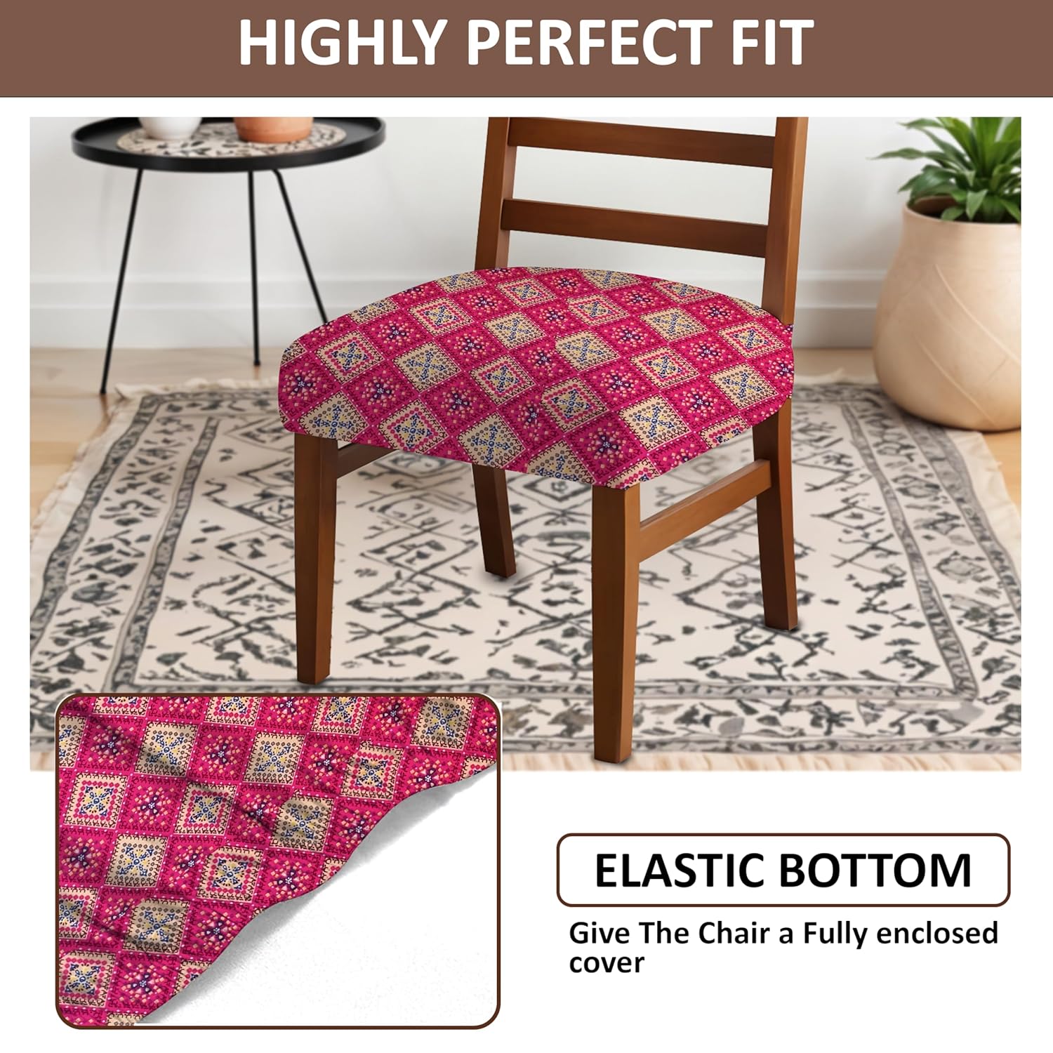 LAZI Pink Printed Dining Chair Seat Cover Stretchable Seat Protector and Dining Base Cover