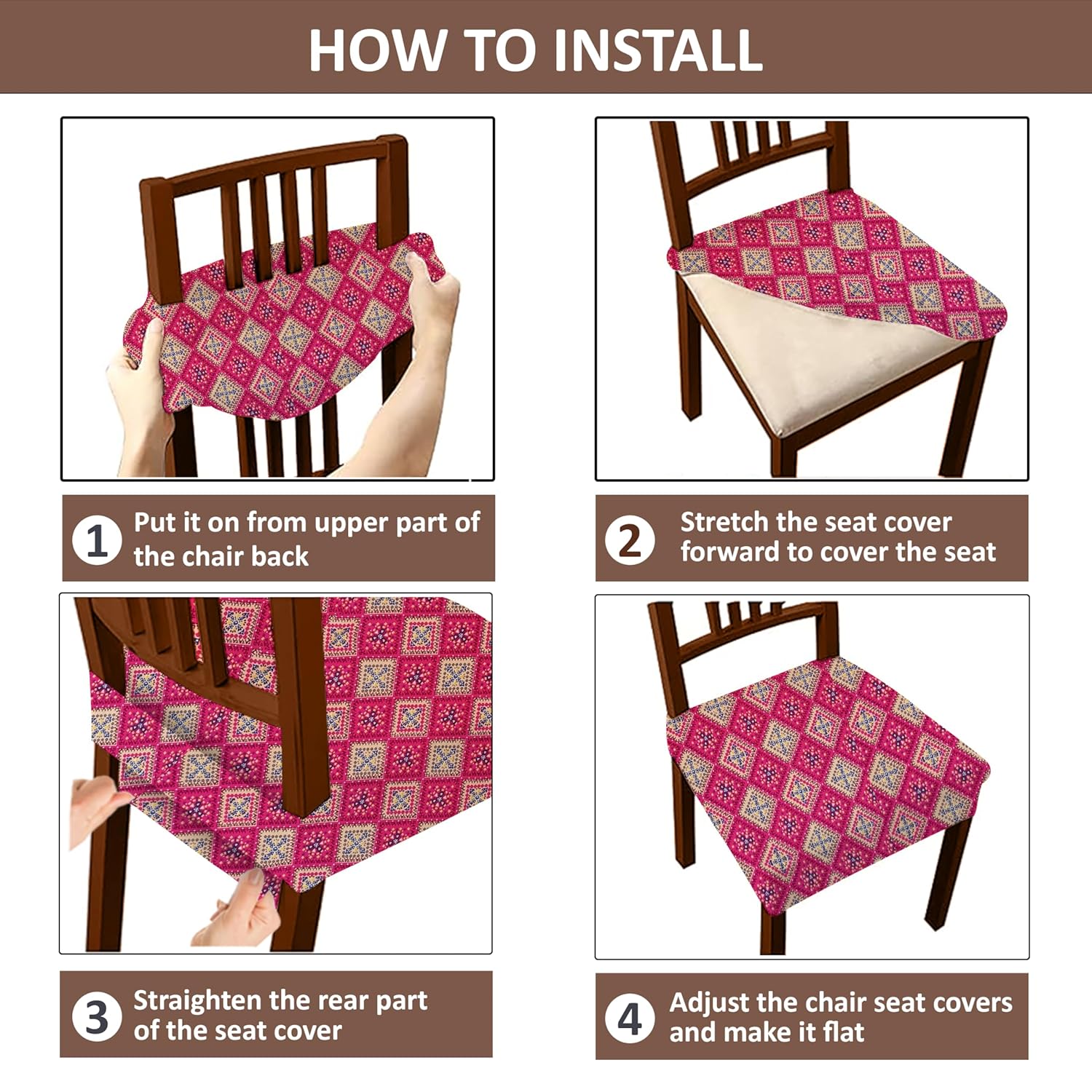 LAZI Pink Printed Dining Chair Seat Cover Stretchable Seat Protector and Dining Base Cover