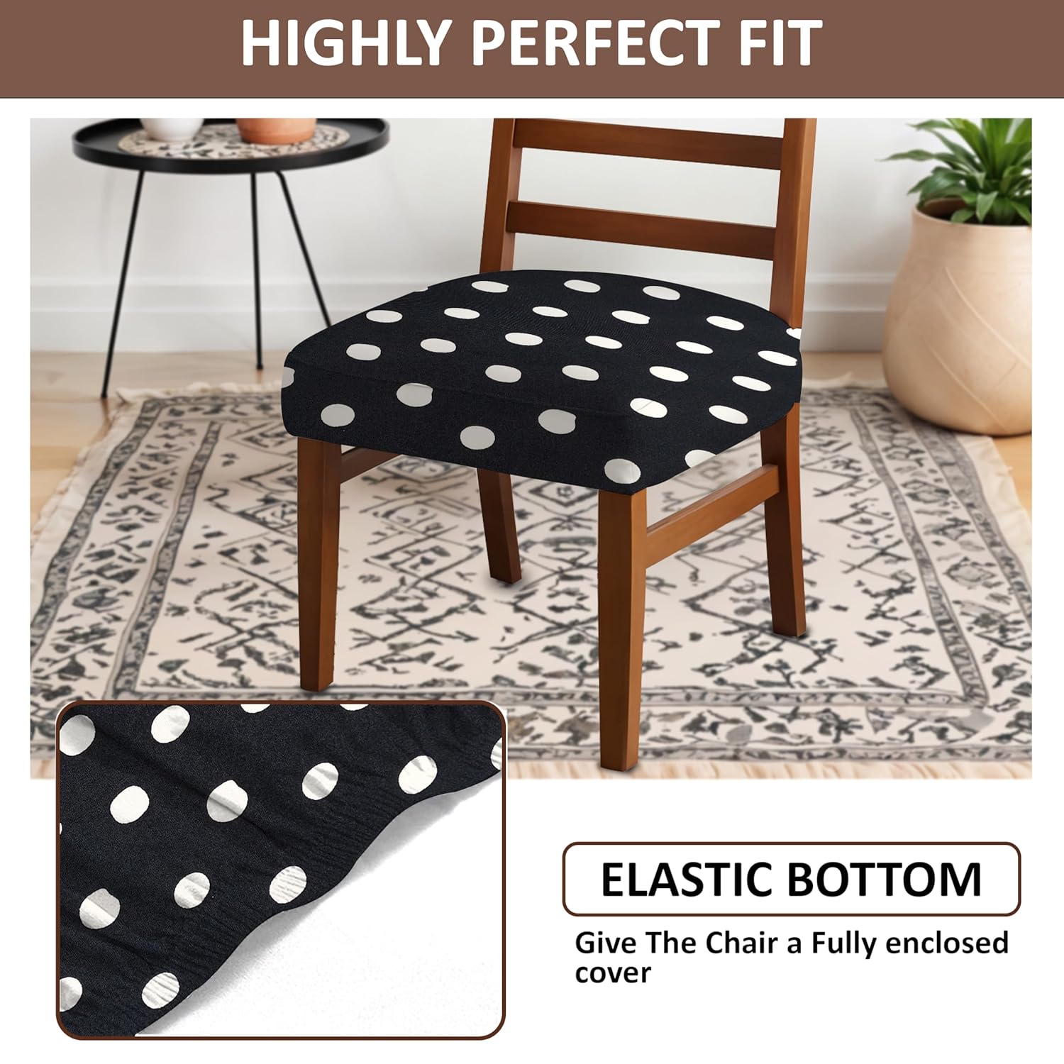 LAZI White and Black Polka Dotted Dining Chair Base Cover, Elastic and Cushion Protector