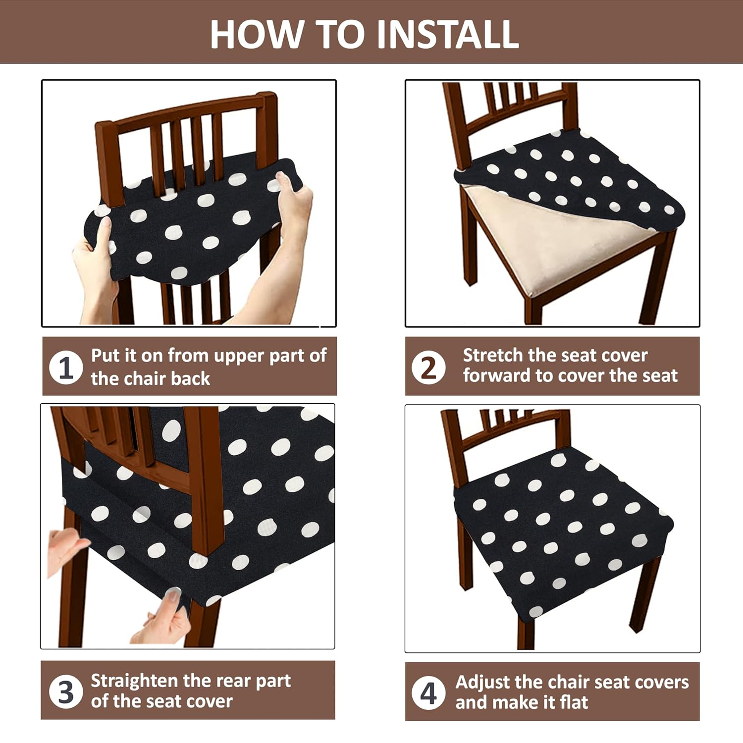 LAZI White and Black Polka Dotted Dining Chair Base Cover, Elastic and Cushion Protector
