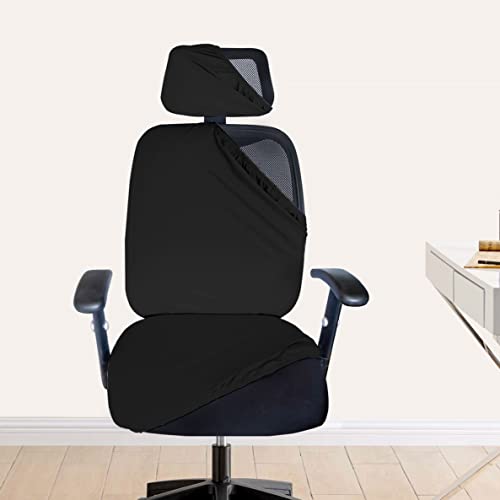 HOTKEI 2 Piece Black Office Chair Cover with Headrest Cover Stretchable Removable Stain Proof Office Computer Desk Executive Rotating Chair Seat Covers Slipcover Protector for Office Chair