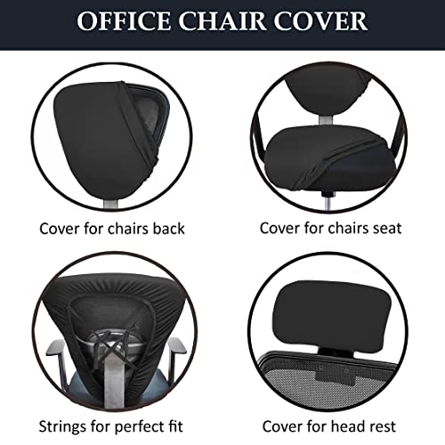 HOTKEI 2 Piece Black Office Chair Cover with Headrest Cover Stretchable Removable Stain Proof Office Computer Desk Executive Rotating Chair Seat Covers Slipcover Protector for Office Chair