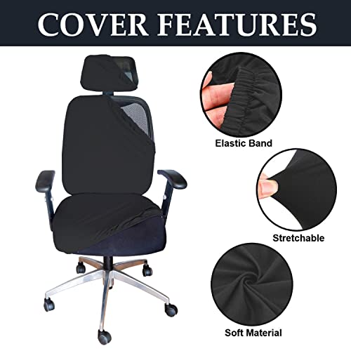 HOTKEI 2 Piece Black Office Chair Cover with Headrest Cover Stretchable Removable Stain Proof Office Computer Desk Executive Rotating Chair Seat Covers Slipcover Protector for Office Chair