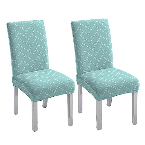 HOTKEI Pack of 2 Pastal Green Brick Printed Elastic Stretchable Dining Table Chair Seat Cover Protector Slipcover for Dining Table Chair Cover Set of 2 Seater Polyester Blend