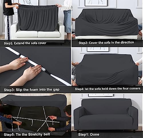 HOTKEI 3 Seater Dark Grey Polycotton Big Universal Non-Slip Elastic Stretchable Sofa Set Cover Protector for 3 Seater Sofa seat Stretchable Cloth Full Covers