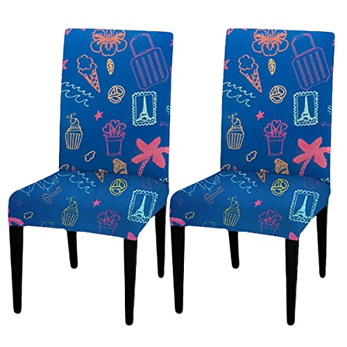 HOTKEI Pack of 2 Blue Printed Dining Table Chair Cover Stretchable Slipcover Seat Protector Removable Polycotton Dining Chairs Covers for Home Hotel Dining Table Chairs
