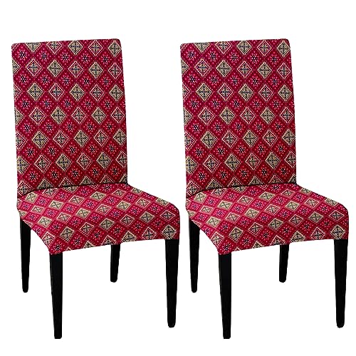 HOTKEI Pack of 2 Pink Geometric Print Dining Table Chair Cover Stretchable Slipcover Seat Protector Removable 1pc Polycotton Dining Chairs Covers for Home Hotel Dining Table Chairs