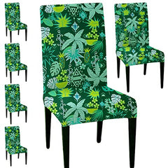 HOTKEI (Pack of 6 Green Leaf Print Elastic Stretchable Dining Table Chair Seat Cover Protector Slipcover for Dining Table Chair Covers Stretchable 1 Piece Set of 6 Seater, Polyester Blend