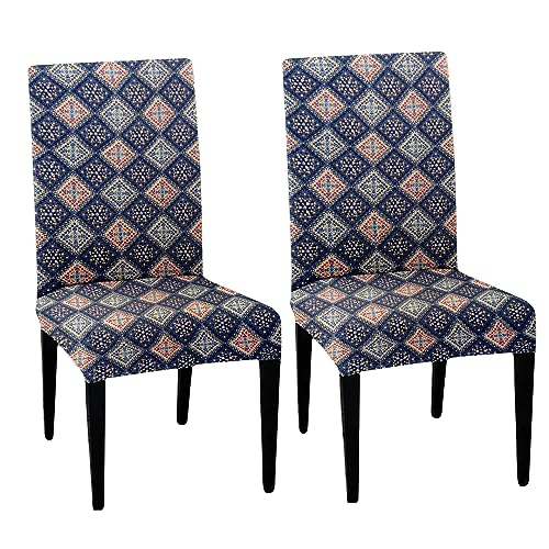 HOTKEI Pack of 2 Grey Geometric Print Dining Table Chair Cover Stretchable Slipcover Seat Protector Removable 1pc Polycotton Dining Chairs Covers for Home Hotel Dining Table Chairs