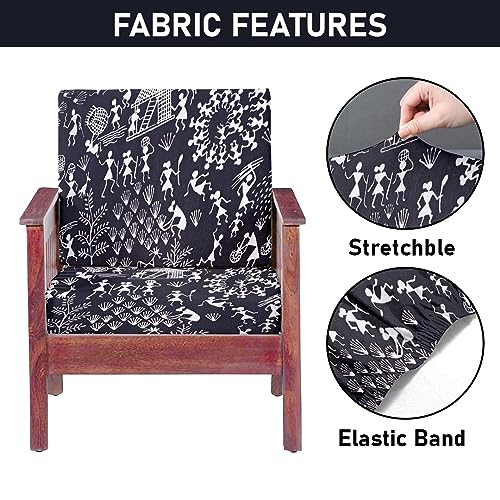 HOTKEI Warli Print Pack of 2 Sofa seat Cover Elastic Stretchable Sofa seat Set Cover Protector for Wooden Sofa seat Cushion Stretchable Cloth Cover 1 Seater 21"x 21"