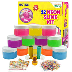 HOTKEI (12 Neon Slime kit) DIY Neon Colored Fruit Scented Slimy Slime Gel Jelly Set Kit Air Dry Magical Crystal Clay Putty Toy Kit for Girls Boys Kids Slime with Glitter| Stars | Color Beads Set
