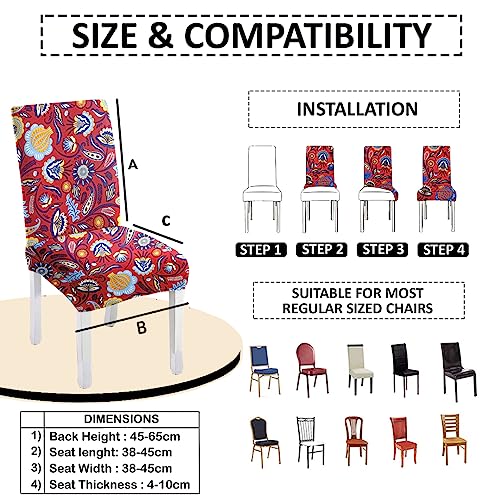 HOTKEI Polyester Blend Red Floral Print Chair Cover Set of 6 Elastic Stretchable Dining Table Chair Seat Cover Protector Slipcover For Dining Table Chair Covers Stretchable 1 Piece Pack of 6 Seater