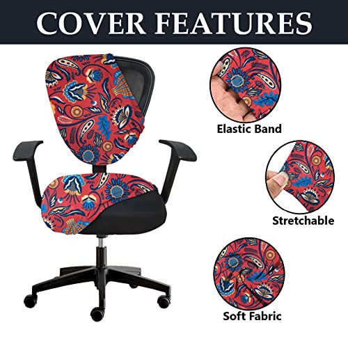 HOTKEI 2Pcs Chair Cover Pack of 4 Red Floral Print Stretchable Elastic Removable Washable Office Chair Cover Desk Executive Rotating Chair Seat Cover Slipcover Protector for Office Computer Chair
