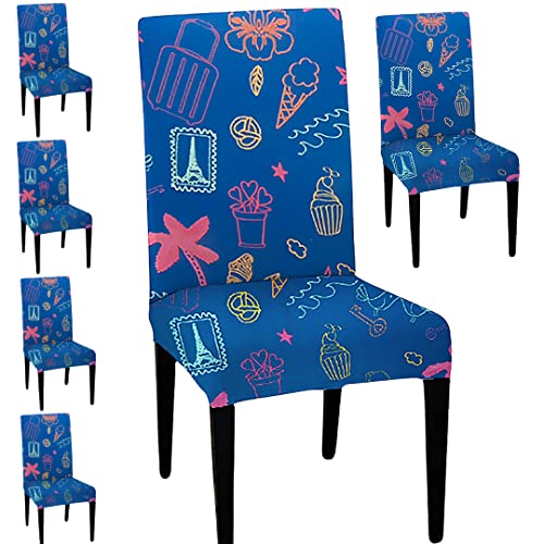 HOTKEI Pack of 6 Blue Printed Dining Table Chair Cover Stretchable Slipcover Seat Protector Removable 1pc Polycotton Dining Chairs Covers for Home Hotel Dining Table Chairs