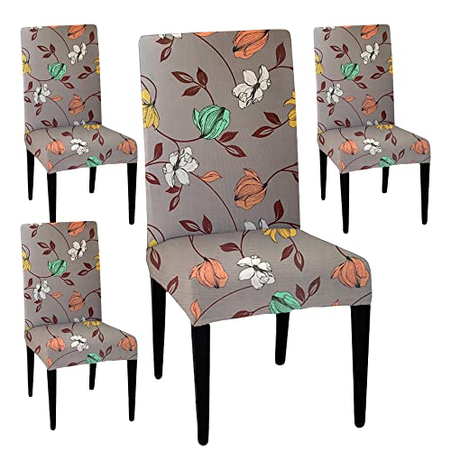 HOTKEI (Pack of 4 Multi Floral Print Elastic Stretchable Grey Dining Table Chair Seat Cover Protector Slipcover for Dining Table Chair Covers Stretchable 1 Piece Set of 4 Seater