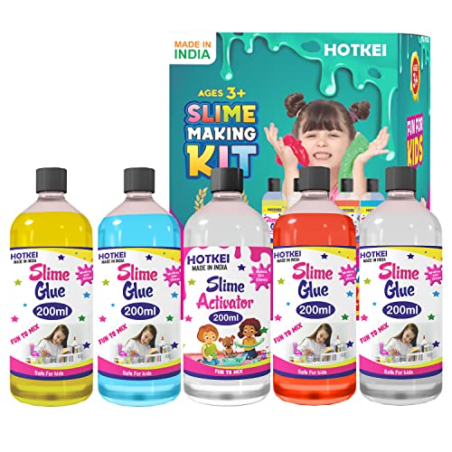HOTKEI (Make 40+ slimes) Multicolor Scented DIY Magic Toy Slimy Slime Activator Glue Gel Jelly Putty Making kit Set Toy for Boys Girls Kids Slime Making Kit 4 Colored Glue 1 Activator 200 ml Each