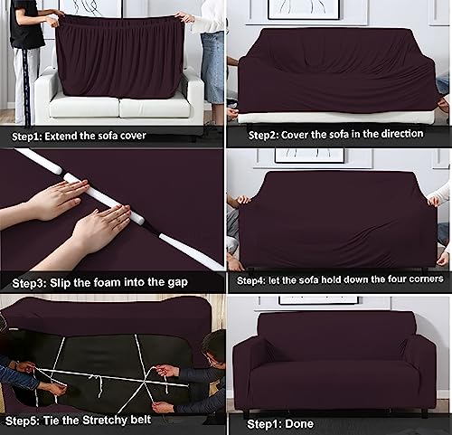 HOTKEI 2 Seater Wine Polycotton Big Universal Non-Slip Elastic Stretchable Couch Sofa Set Cover Protector for 2 Seaters Sofa seat Stretchable Cloth Full Covers