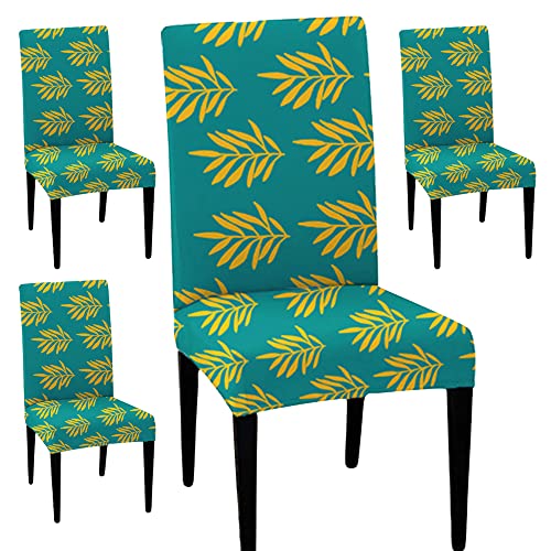 HOTKEI Pack of 4 Yellow Leaf Print Elastic Stretchable Dining Table Chair Seat Cover Protector Slipcover for Dining Table Chair Covers Stretchable 1 Piece Pack of 4 Seater, Polycotton
