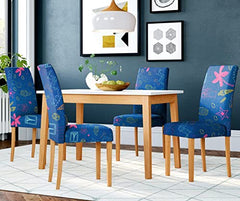 HOTKEI Blue Printed Dining Table Chair Cover Stretchable Slipcover Seat Protector Removable 1pc Polycotton Dining Chairs Covers for Home Hotel Dining Table Chairs