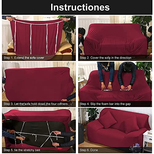 HOTKEI sofa cover 3+2 Seater Maroon Big Universal polycotton Non-slip Elastic Stretchable Washable three and two seat sofa set cover protector for sofa stretchable adjustable cloth makeover slipcovers