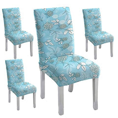 HOTKEI Set of 4 Blue Flower Printed Dining Table Chair Cover Stretchable Slipcover Seat Protector Removable 1pc Polycotton Dining Chairs Covers for Home Hotel Dining Table Chairs