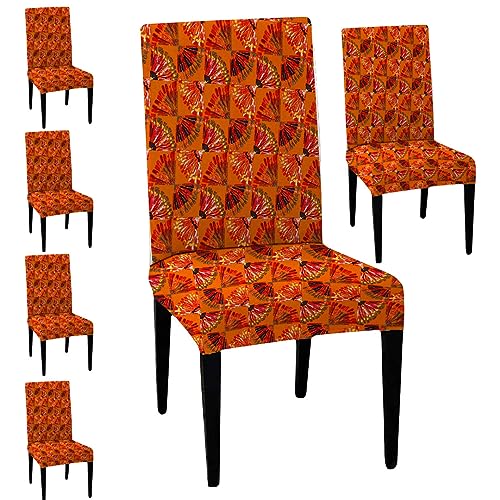 HOTKEI Pack of 6 Orange Printed Dining Table Chair Cover Stretchable Slipcover Seat Protector Removable 1pc Polycotton Dining Chairs Covers for Home Hotel Dining Table Chairs