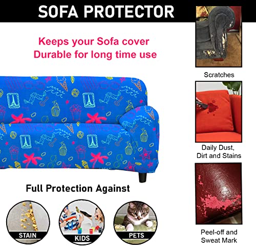 HOTKEI 3 Seater Blue Cupcake Print Polycotton Big Universal Non-Slip Elastic Stretchable Sofa Set Cover Protector for 3 Seater Sofa seat Stretchable Cloth Full Covers