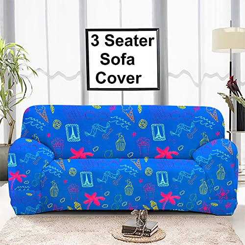 HOTKEI 3 Seater Blue Cupcake Print Polycotton Big Universal Non-Slip Elastic Stretchable Sofa Set Cover Protector for 3 Seater Sofa seat Stretchable Cloth Full Covers